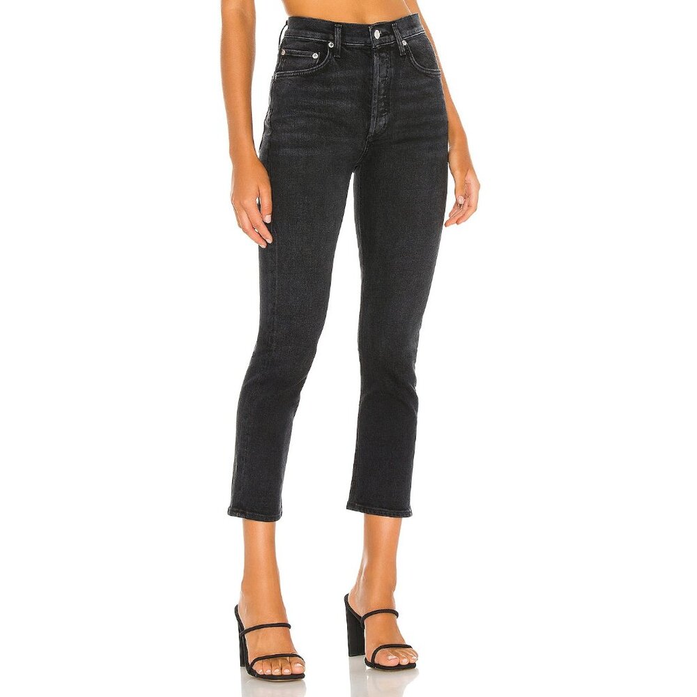 AGOLDE Riley High Waist Crop Straight Leg Jeans in Black Pepper